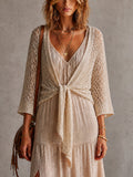 Chic Solid Cream V-Neck Three Quarter Batwing Sleeves Loose-Fit Mesh Tie Details Knit Cardigan Top