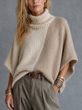 Chic Cream-Taupe Colorblock Turtleneck Batwing Sleeves Loose-Fit  Knit Poncho Sweater Top