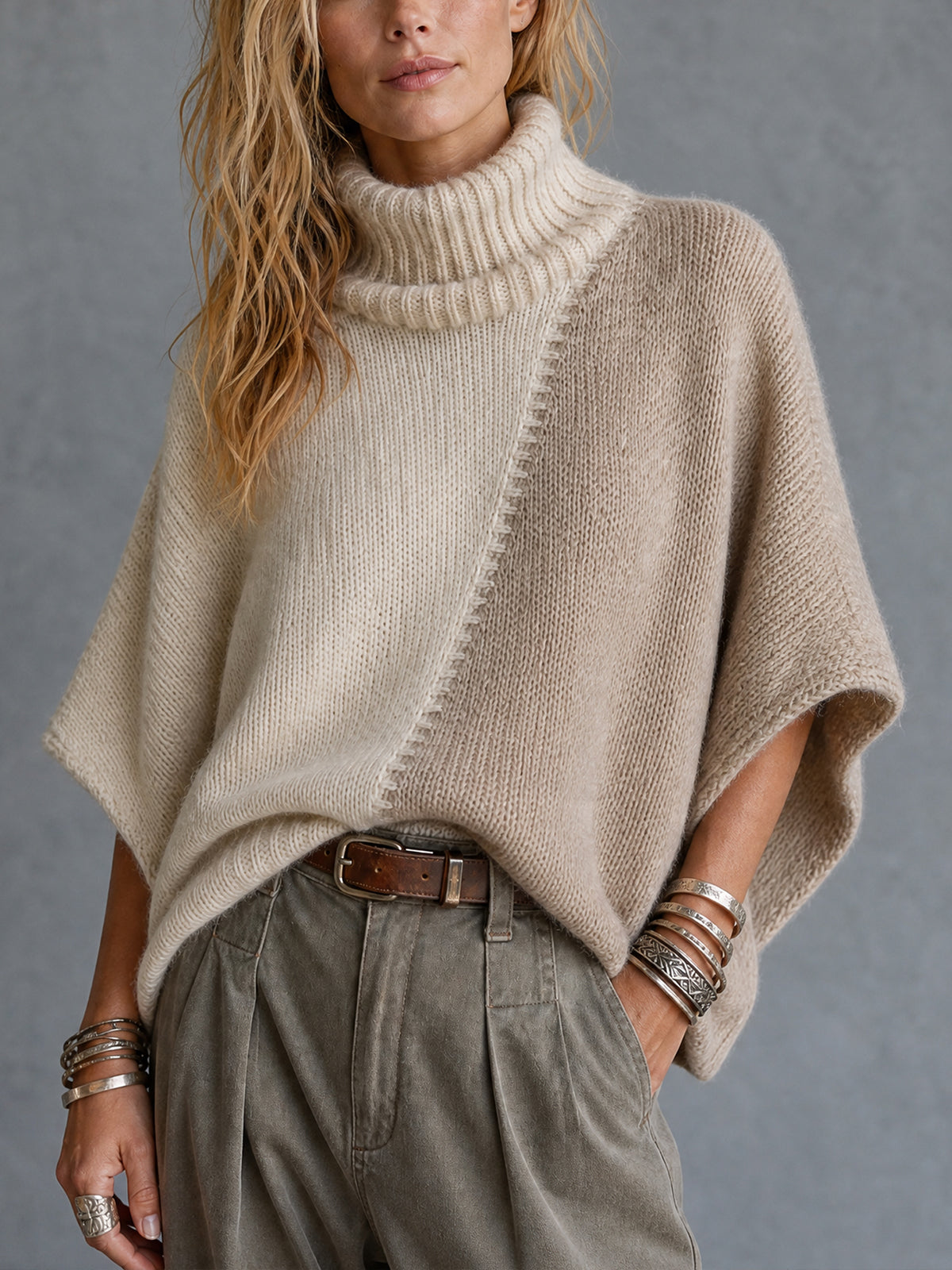 Chic Cream-Taupe Colorblock Turtleneck Batwing Sleeves Loose-Fit  Knit Poncho Sweater Top