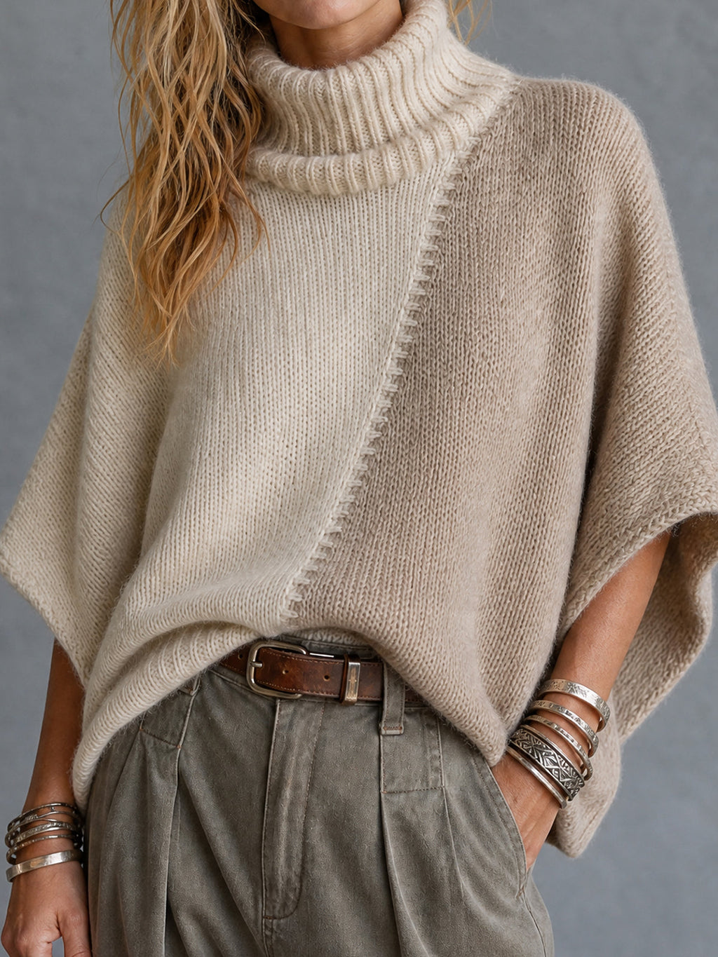 Chic Cream-Taupe Colorblock Turtleneck Batwing Sleeves Loose-Fit  Knit Poncho Sweater Top