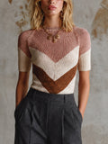 Chic Dusty Pink-Cream-Brown Colorblock Chevron Details Round Neck Raglan Short Sleeve Slim-Fit Knit Sweater Top