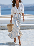Elegant White Tie-Front Shirt And Blue Floral Flowing Midi Skirt Set