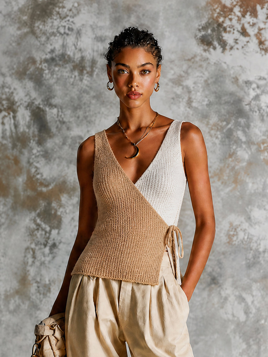 Chic Camel-White Colorblock Wrap V-Neck Sleeveless Slim-Fit Tie Side Ribbed Sweater Vest Top