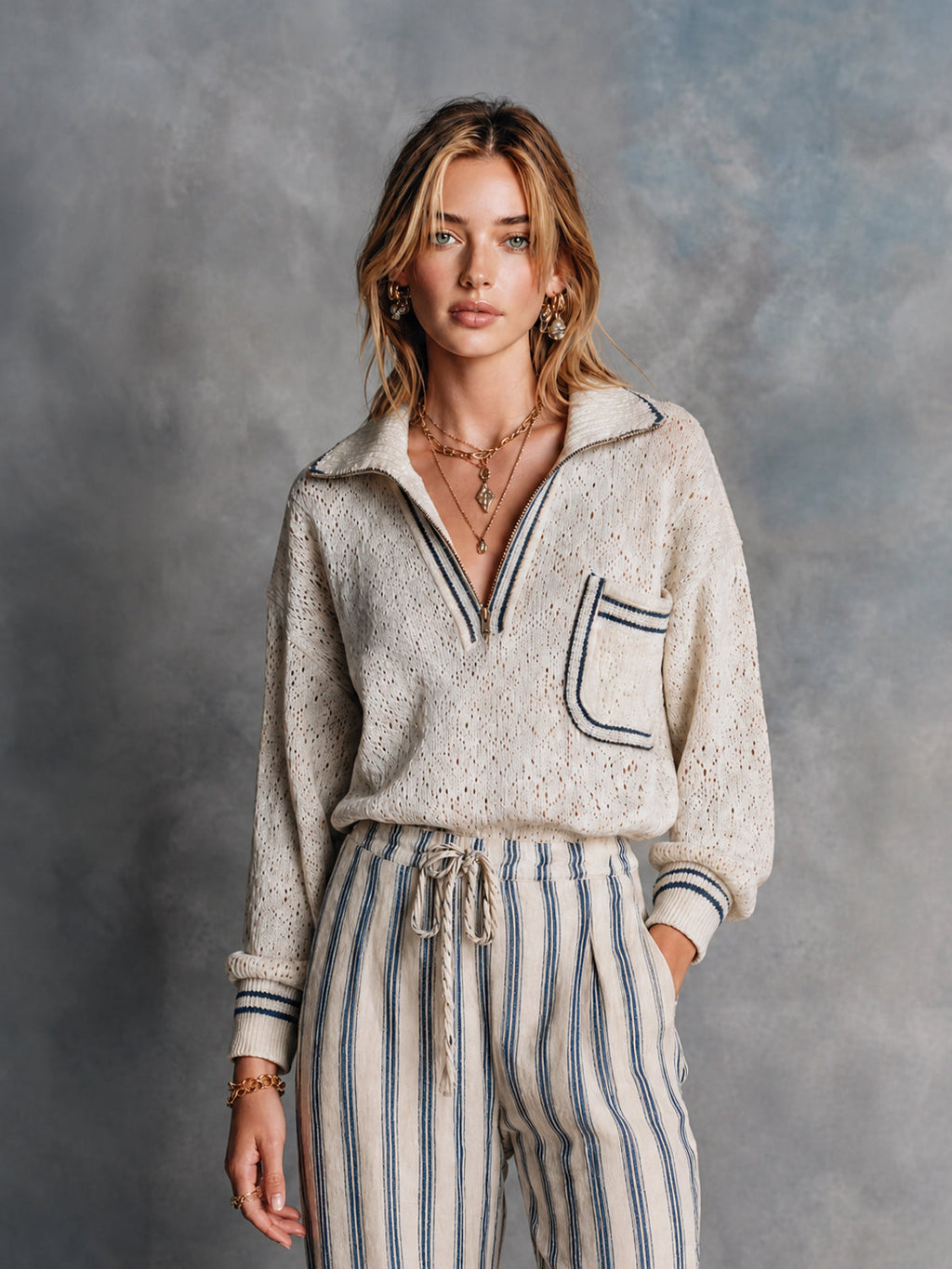 Chic Cream-Navy Contrast Trim Half-Zip Collar Pocket Details Long Sleeve Loose-Fit Hollow Knit Sweater Top
