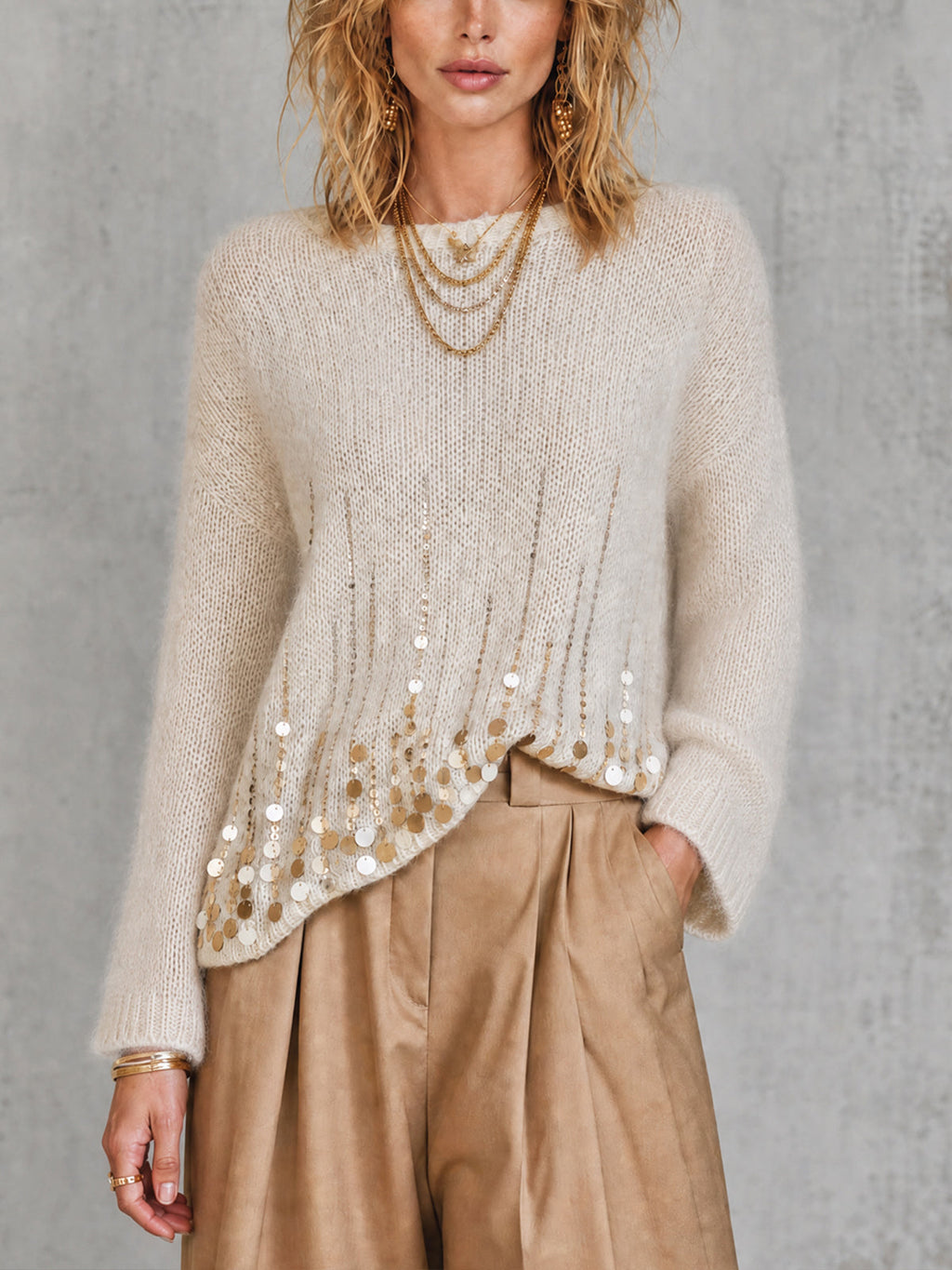Chic Cream Boat Neck Long Sleeve Loose-Fit Sequin Embellished Knit Sweater Top