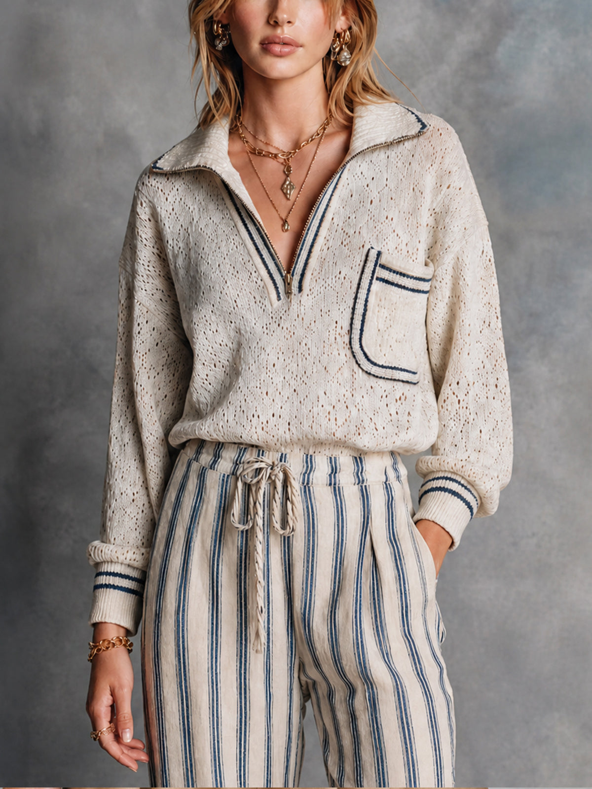 Chic Cream-Navy Contrast Trim Half-Zip Collar Pocket Details Long Sleeve Loose-Fit Hollow Knit Sweater Top