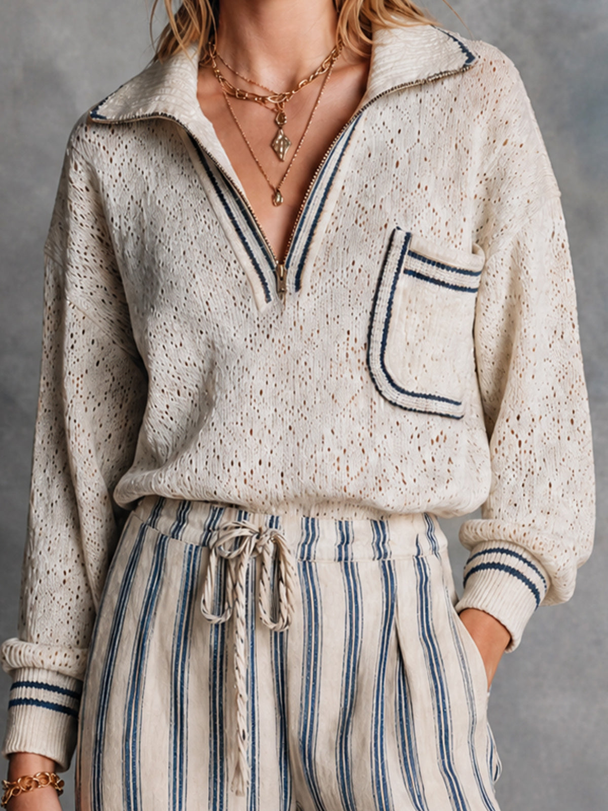 Chic Cream-Navy Contrast Trim Half-Zip Collar Pocket Details Long Sleeve Loose-Fit Hollow Knit Sweater Top