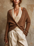 Chic Brown Twist Front Wrap V-Neck Long Sleeve Loose-Fit Top Beige Halter-Neck Vest Sweater Two Piece Set