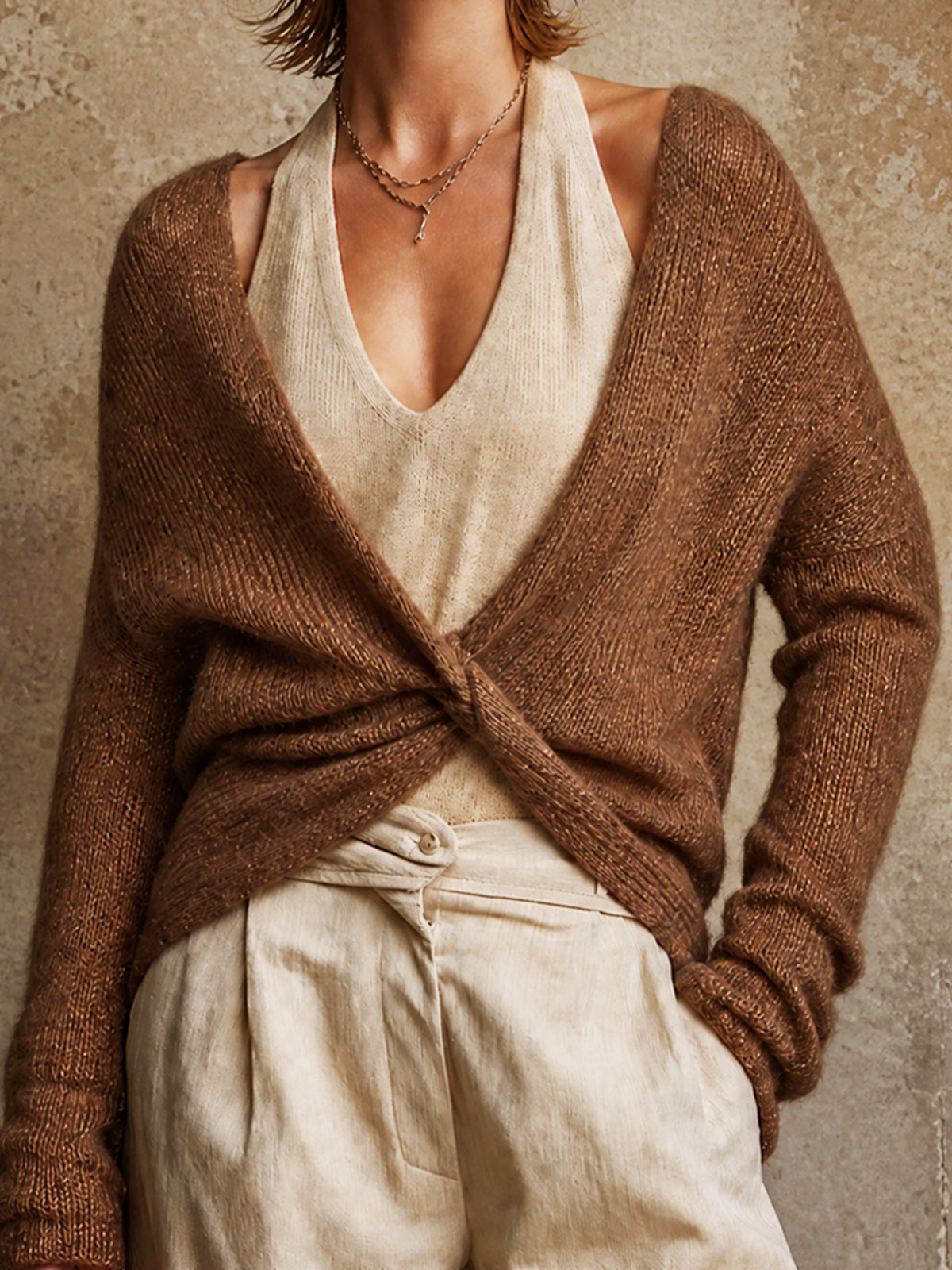 Chic Brown Twist Front Wrap V-Neck Long Sleeve Loose-Fit Top Beige Halter-Neck Vest Sweater Two Piece Set