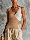 Chic Camel-White Colorblock Wrap V-Neck Sleeveless Slim-Fit Tie Side Ribbed Sweater Vest Top