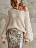 Chic Cream Off-Shoulder Long Puff Sleeve Loose-Fit Pearl Embellished Fluffy Knit Sweater Top
