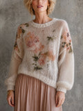 Chic Cream Floral Print Round Neck Long Puff Sleeve Loose-Fit Fluffy Knit Sweater Top