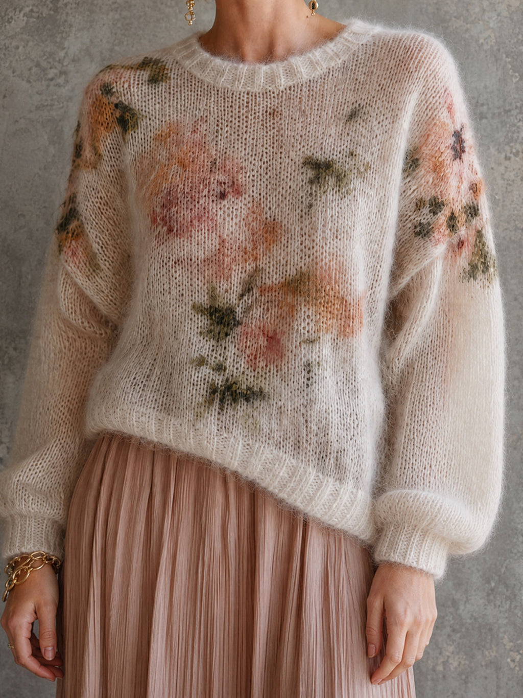 Chic Cream Floral Print Round Neck Long Puff Sleeve Loose-Fit Fluffy Knit Sweater Top