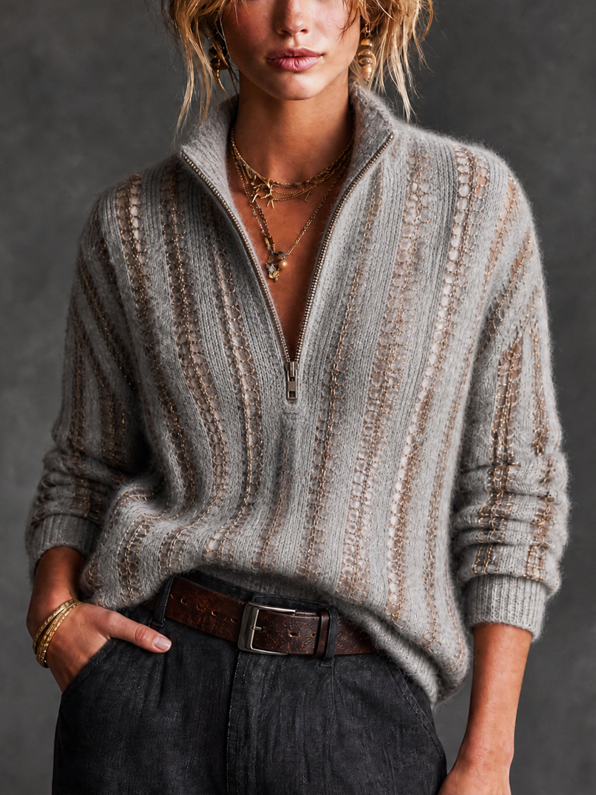 Chic Gray-Gold Colorblock Stripes Half Zip Long Sleeve Loose-Fit Mesh Knit Sweater Top