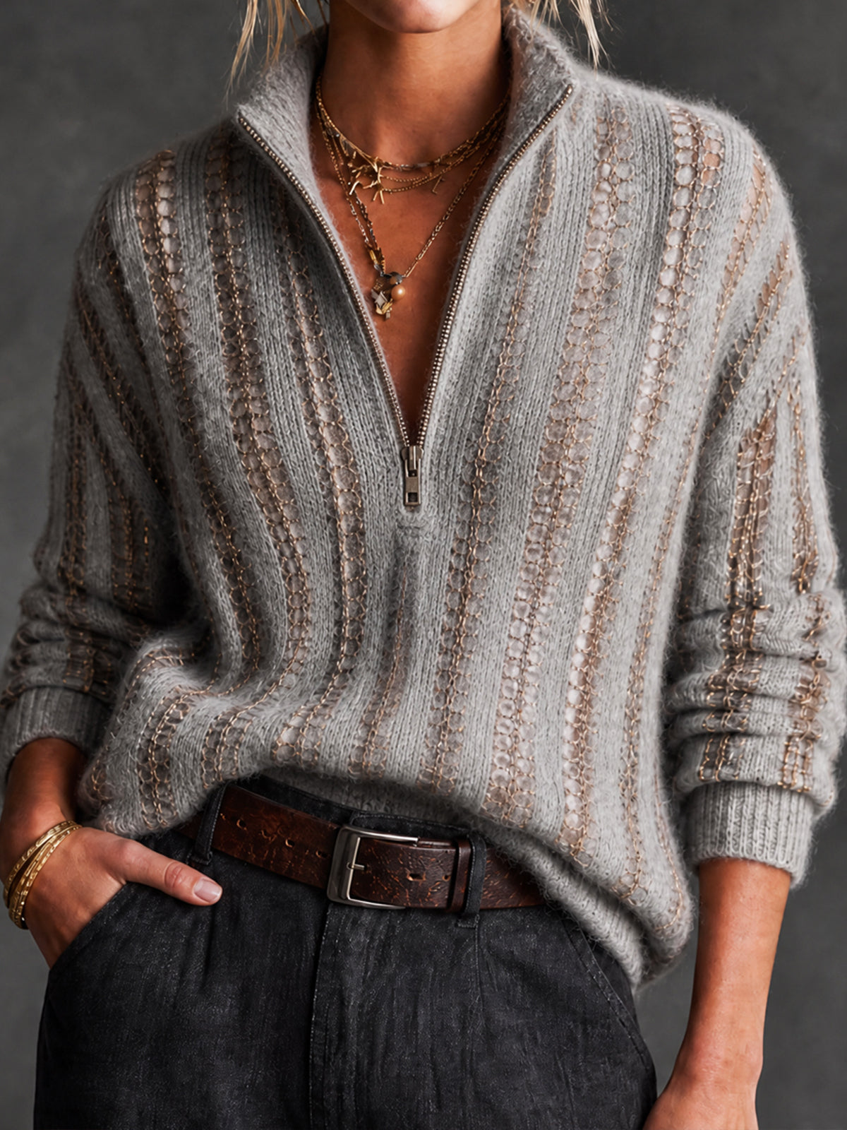 Chic Gray-Gold Colorblock Stripes Half Zip Long Sleeve Loose-Fit Mesh Knit Sweater Top