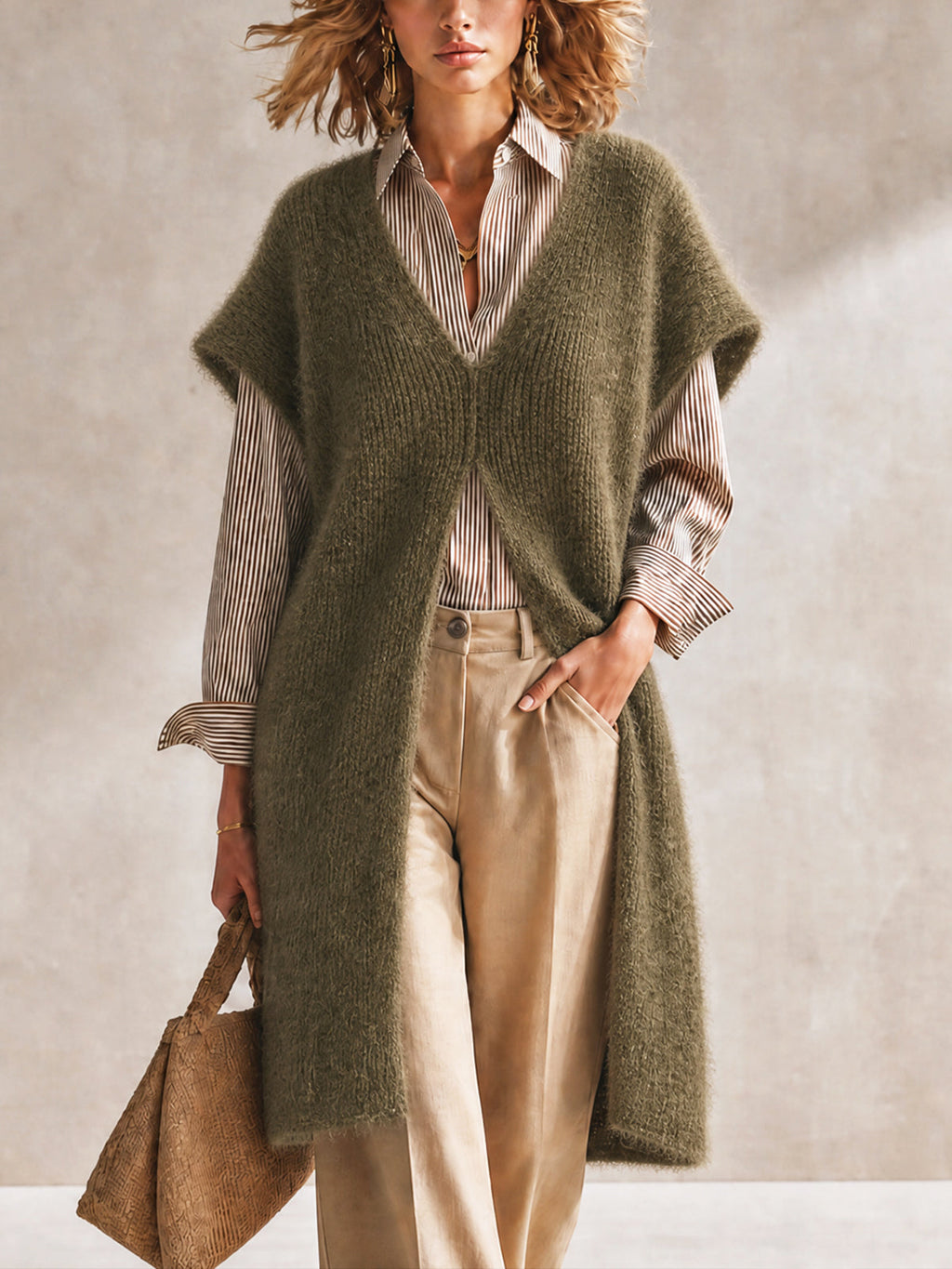Chic Olive Green V-Neck Sleeveless Split Details Loose-Fit Fluffy Knit Vest