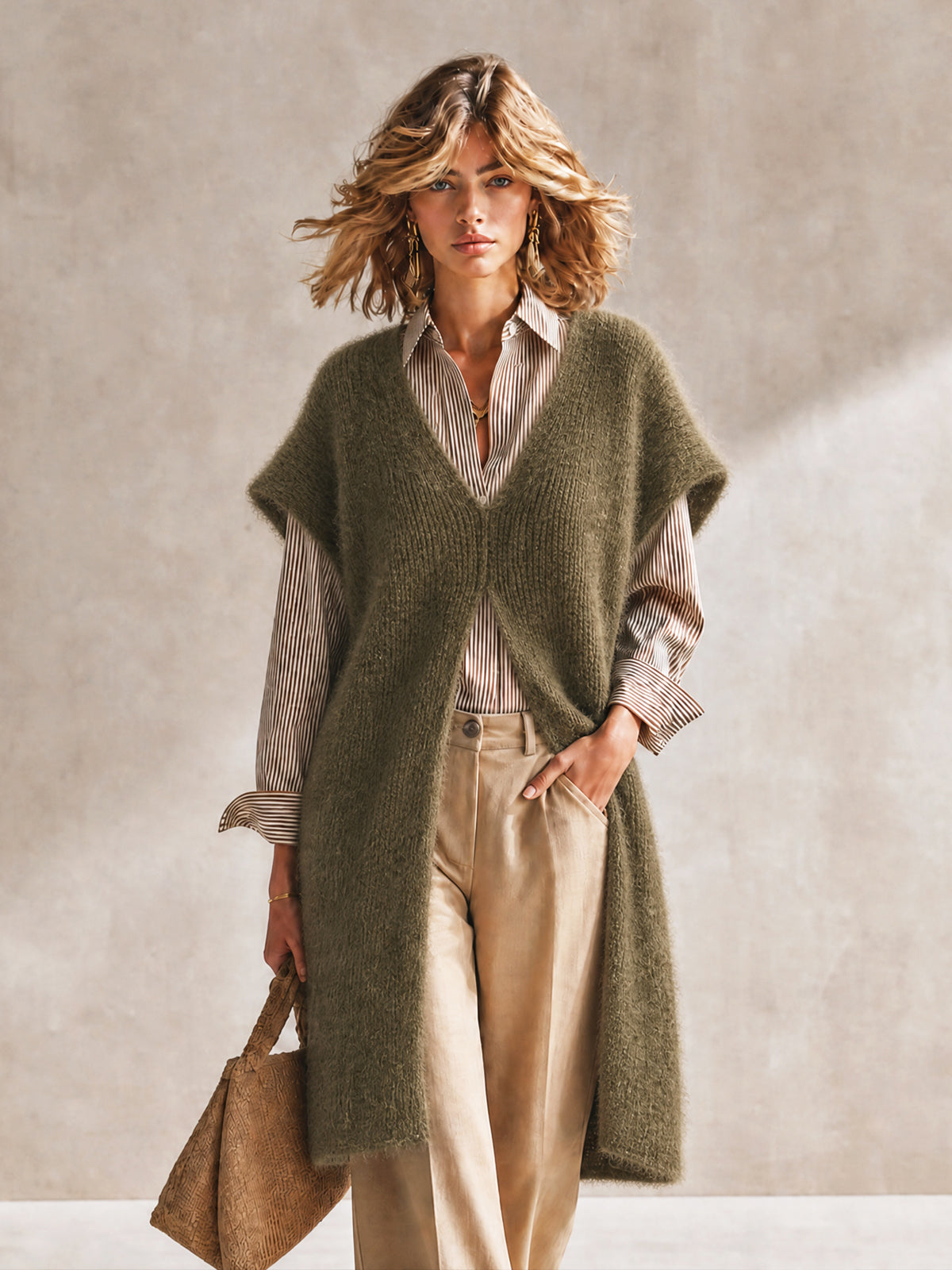 Chic Olive Green V-Neck Sleeveless Split Details Loose-Fit Fluffy Knit Vest