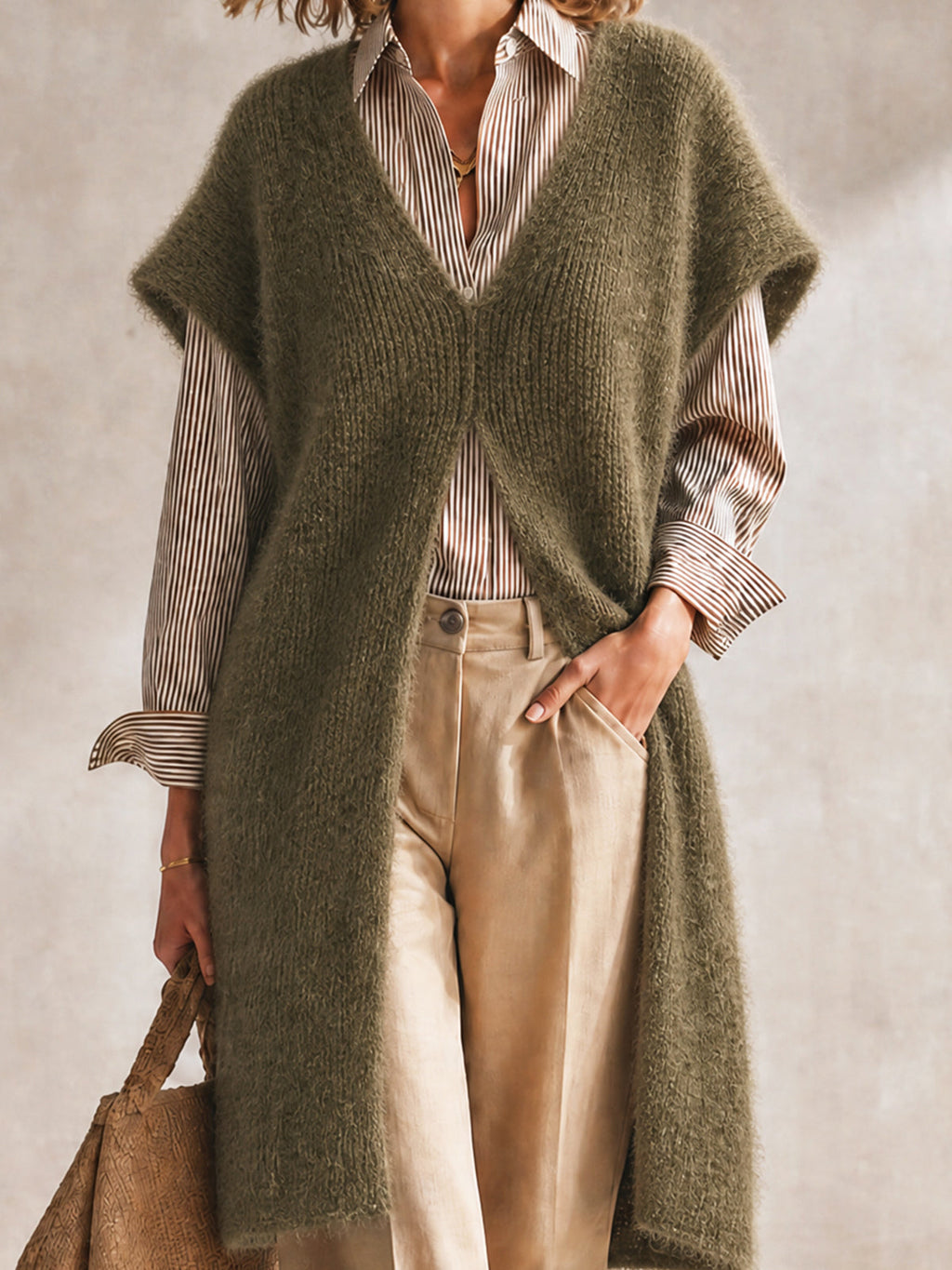 Chic Olive Green V-Neck Sleeveless Split Details Loose-Fit Fluffy Knit Vest