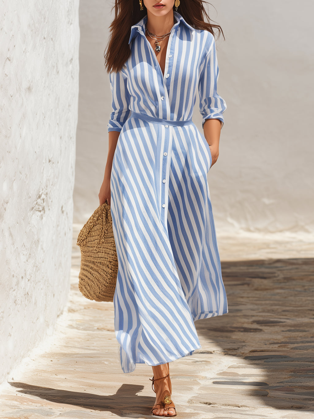 Minimalist Coastal Linen Blend Blue White Stripe Belted Lapel Midi Shirt Dress