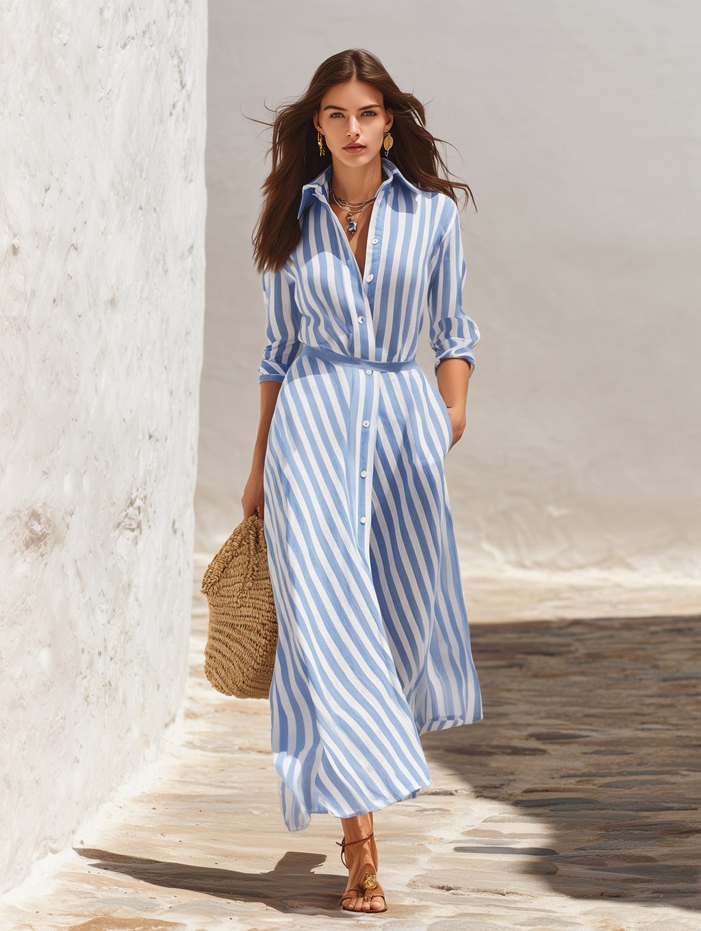 Minimalist Coastal Linen Blend Blue White Stripe Belted Lapel Midi Shirt Dress