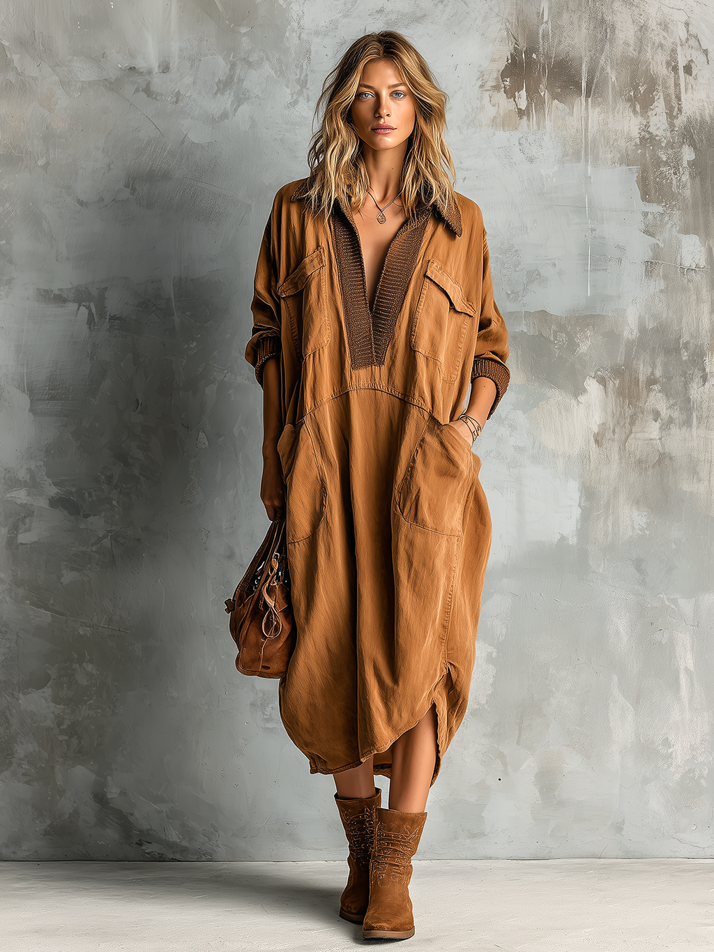 Chic Casual Caramel Cotton Blend Lapel-Collar Contrast Trim V-Neck Patch Pockets Long Sleeve Asymmetrical Hem Loose-Fit Midi Dress