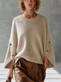 Chic Oatmeal Round Neck Three-Quarter Bawting Sleeve Loose-Fit Button Detail Knit Sweater Top