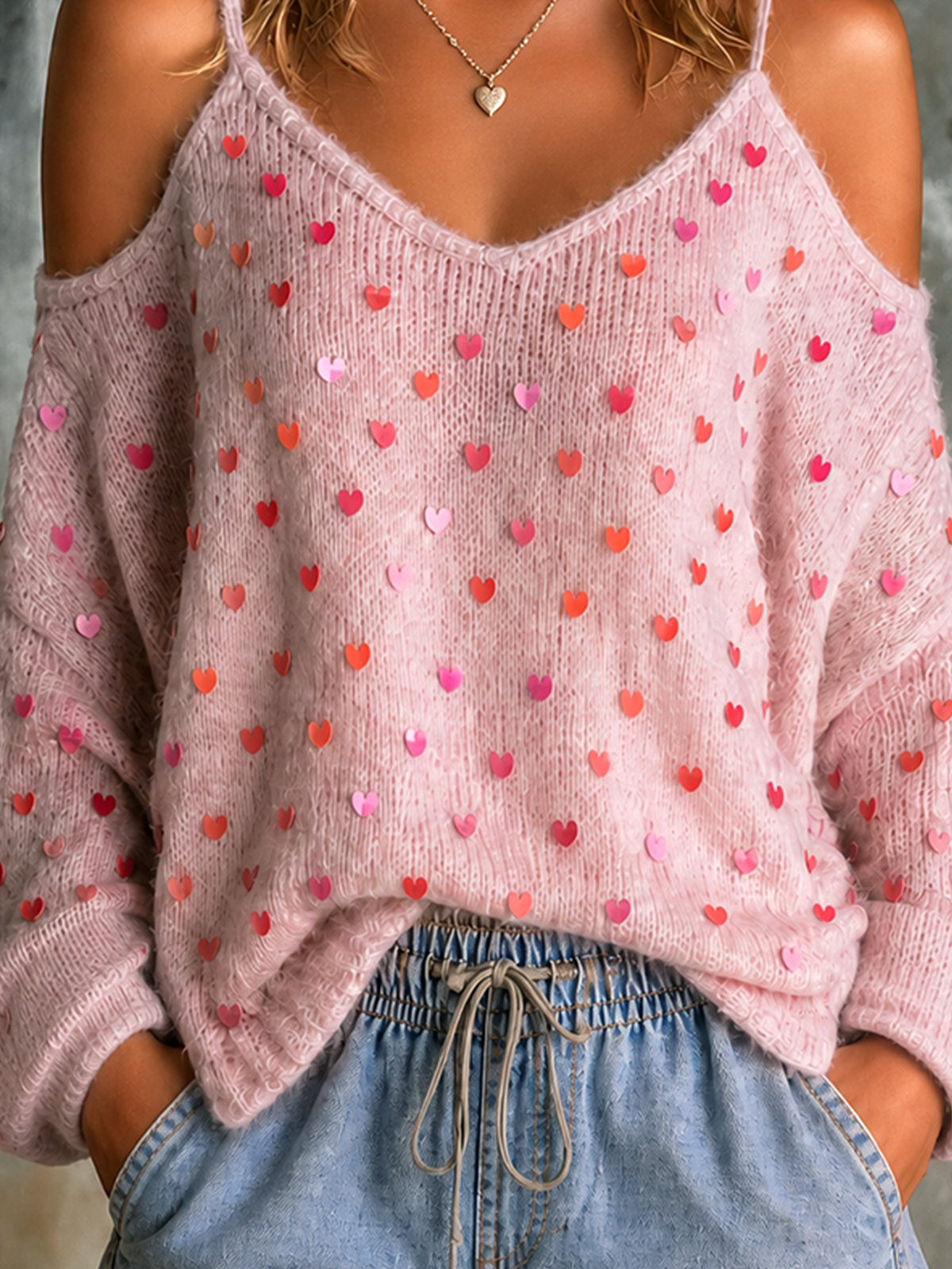 Chic Casual Pink Spaghetti Straps Cold Shoulder Heart Sequin Long Sleeve Loose-Fit Knit Sweater Top