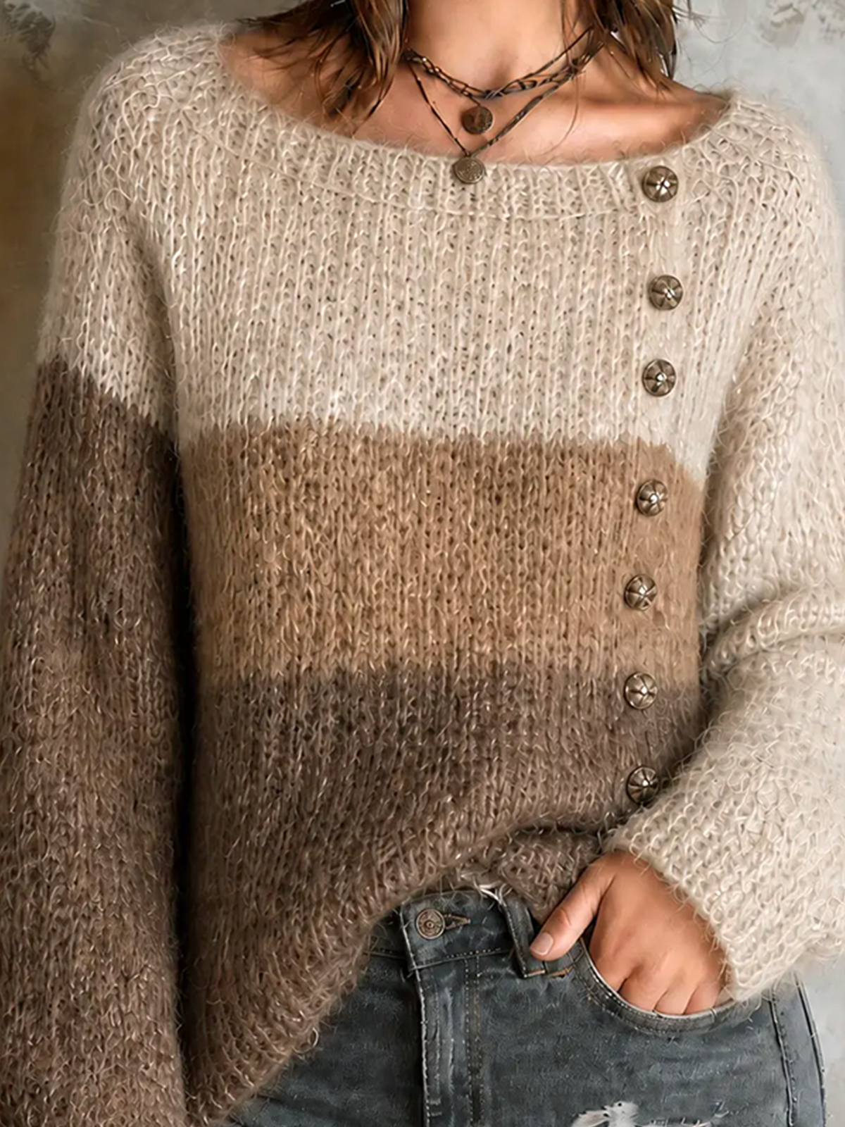 Chic Casual Beige-Camel-Brown Colorblock Boat Neck Side Button Detail Long Sleeve Loose-Fit Knit Sweater Top