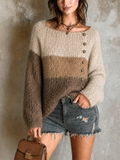Chic Casual Beige-Camel-Brown Colorblock Boat Neck Side Button Detail Long Sleeve Loose-Fit Knit Sweater Top