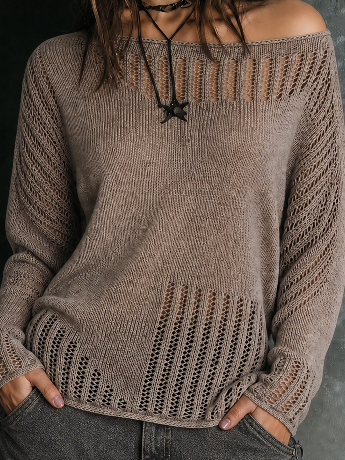 Chic Casual Taupe Brown Off‑the‑Shoulder Hollow-Out Long Sleeve Loose-Fit Knit Sweater Top
