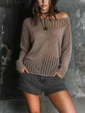 Chic Casual Taupe Brown Off‑the‑Shoulder Hollow-Out Long Sleeve Loose-Fit Knit Sweater Top
