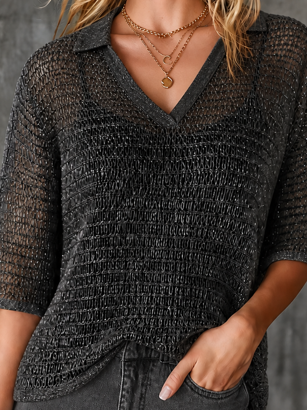 Chic Casual Black Lapel-Collar V-Neck Grid Hollow-Out Half-Sleeve Loose-Fit Knit Sweater Top