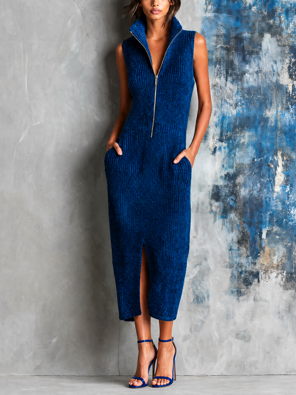 Chic Elegant Royal Blue Stand Collar Half Zip Sleeveless Front Slit Slim-Fit Ribbed Knit Midi Dress