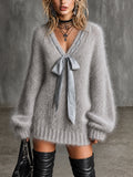Chic Light Gray V-Neck Long Lantern Sleeve Loose-Fit Satin Bow Fluffy Mohair Knit Mini Dress