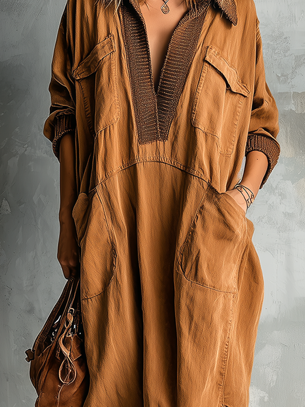 Chic Casual Caramel Cotton Blend Lapel-Collar Contrast Trim V-Neck Patch Pockets Long Sleeve Asymmetrical Hem Loose-Fit Midi Dress