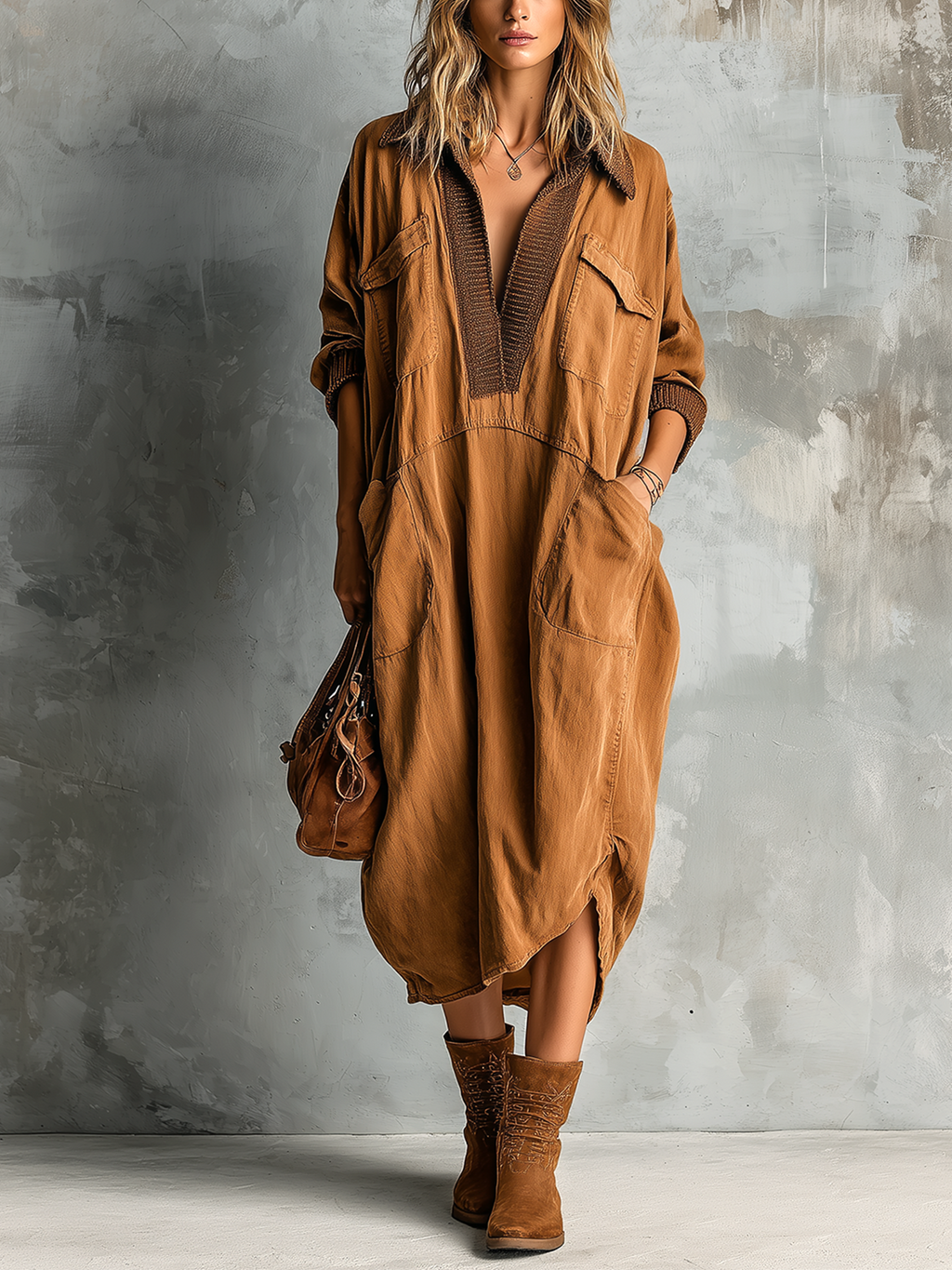 Chic Casual Caramel Cotton Blend Lapel-Collar Contrast Trim V-Neck Patch Pockets Long Sleeve Asymmetrical Hem Loose-Fit Midi Dress