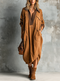 Chic Casual Caramel Cotton Blend Lapel-Collar Contrast Trim V-Neck Patch Pockets Long Sleeve Asymmetrical Hem Loose-Fit Midi Dress
