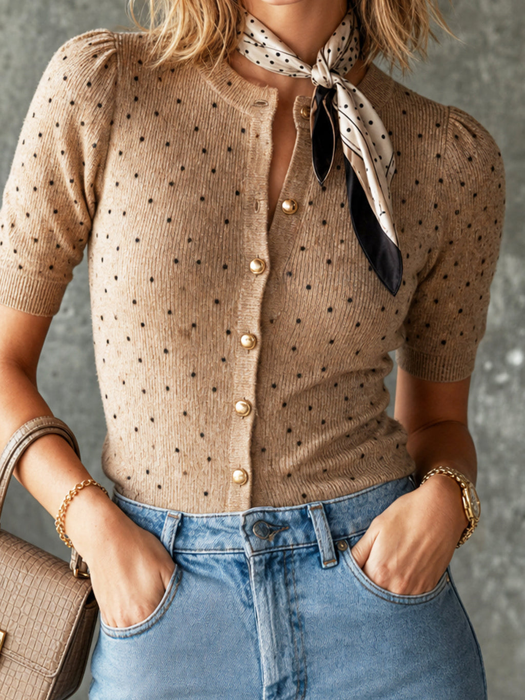 Chic Camel-Black Colorblock Dot Pattern Round Neck Single-Beasted Puff Short Sleeve Slim-Fit Knit Cardigan Top