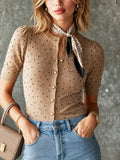 Chic Camel-Black Colorblock Dot Pattern Round Neck Single-Beasted Puff Short Sleeve Slim-Fit Knit Cardigan Top