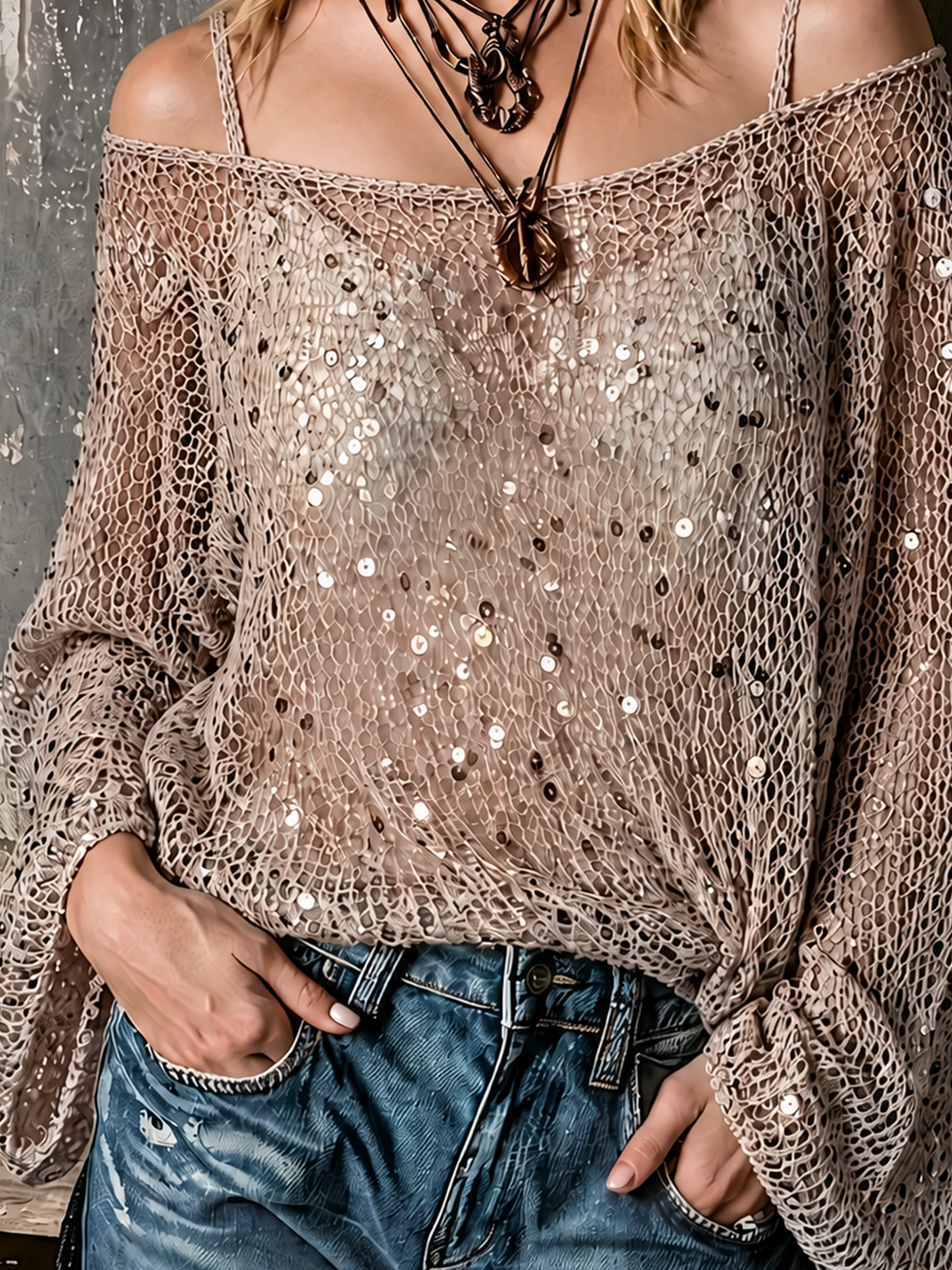 Chic Casual Beige Spaghetti Straps Cold Shoulder Sequin Fishnet Mesh Long Sleeve Loose-Fit Knit Sweater Top