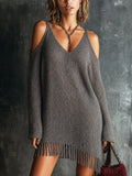 Chic Dark Grey Cold Shoulder V-Neck Long Sleeve Loose-Fit Fringe Straight Skirt Knit Mini Dress
