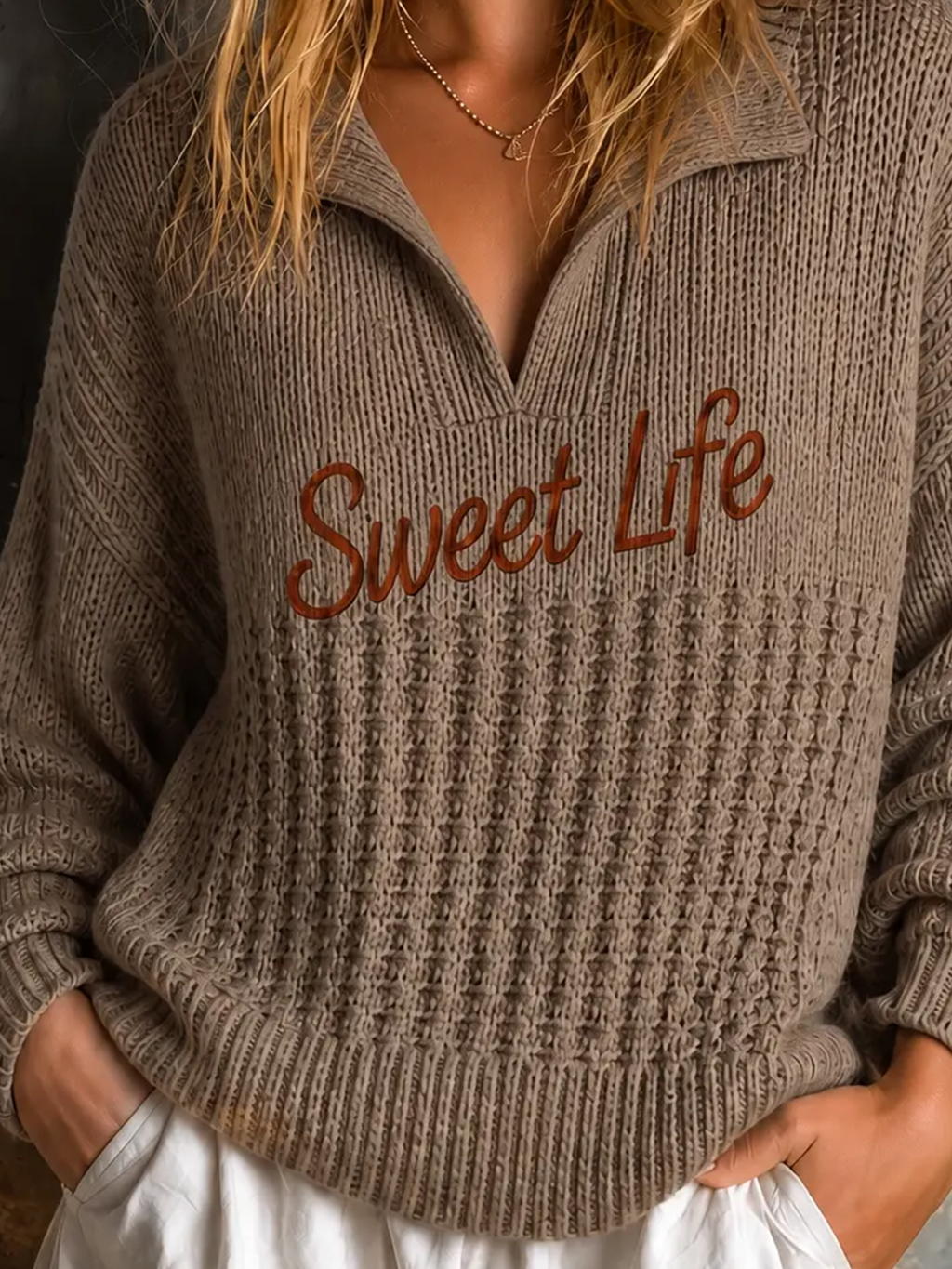 Chic Casual Taupe Brown Lapel-Collar V-Neck Script Embroidery Long Sleeve Loose-Fit Knit Sweater Top