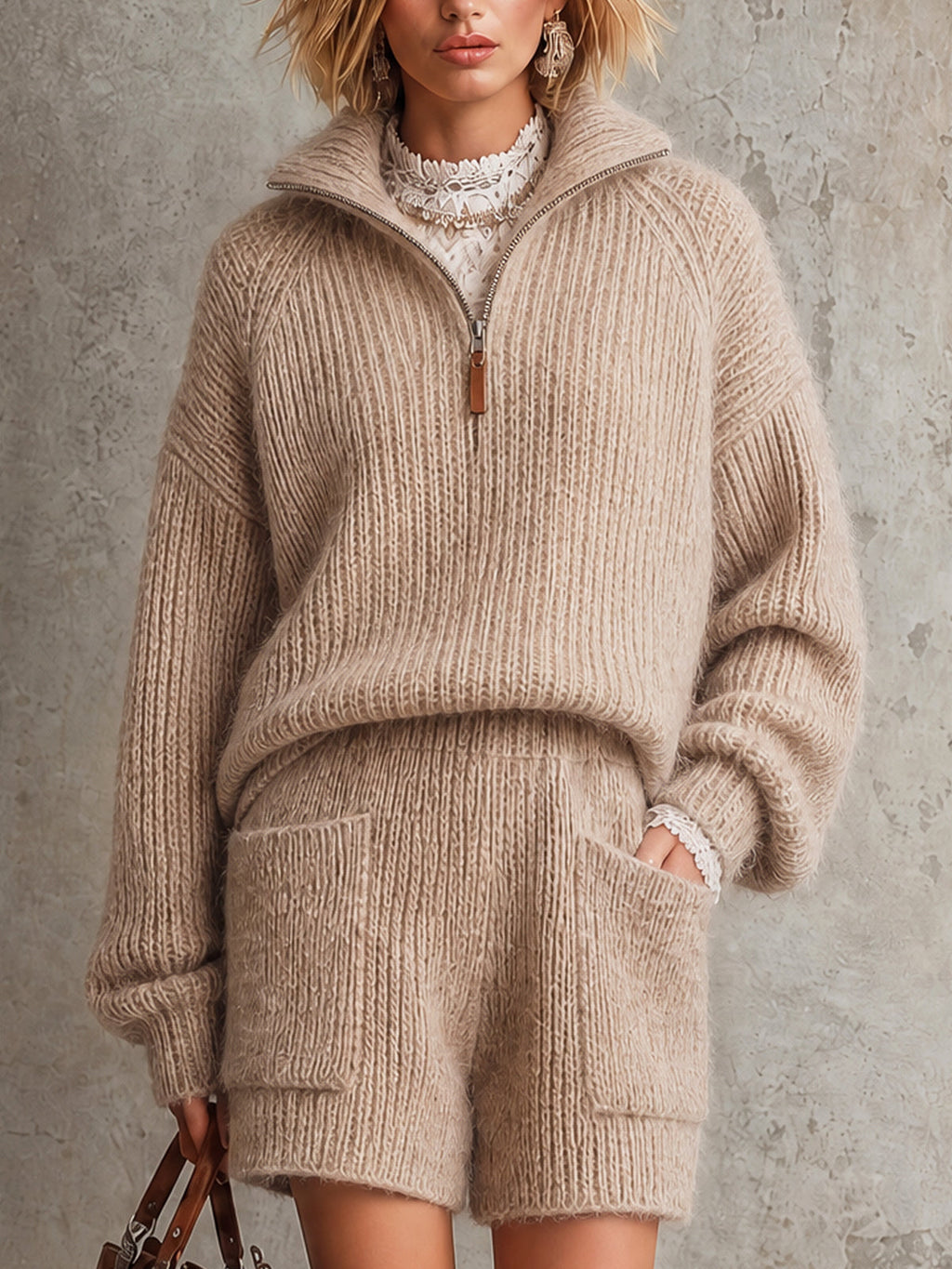 Chic Oatmeal Color Half Zip Stand Collar Long Sleeve Loose-Fit Sweater Straight-Leg Pocket Details Shorts Two Piece Set