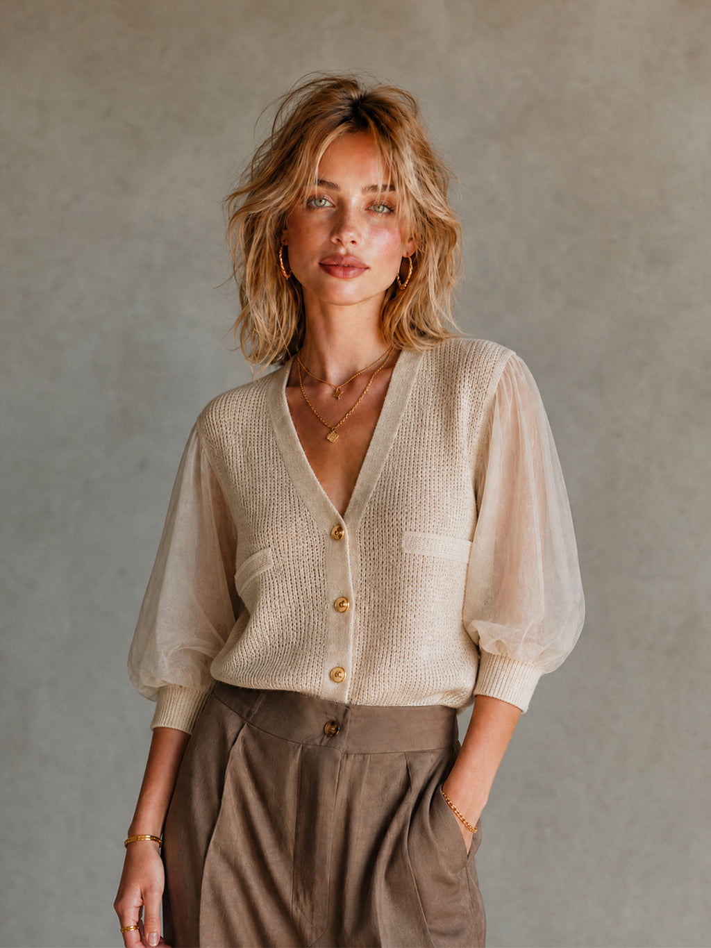 Elegant Beige Chiffon Patchwork V-Neck Knit Single-Breasted Half Puff Sleeve Mesh Regular-Fit Sweater Top