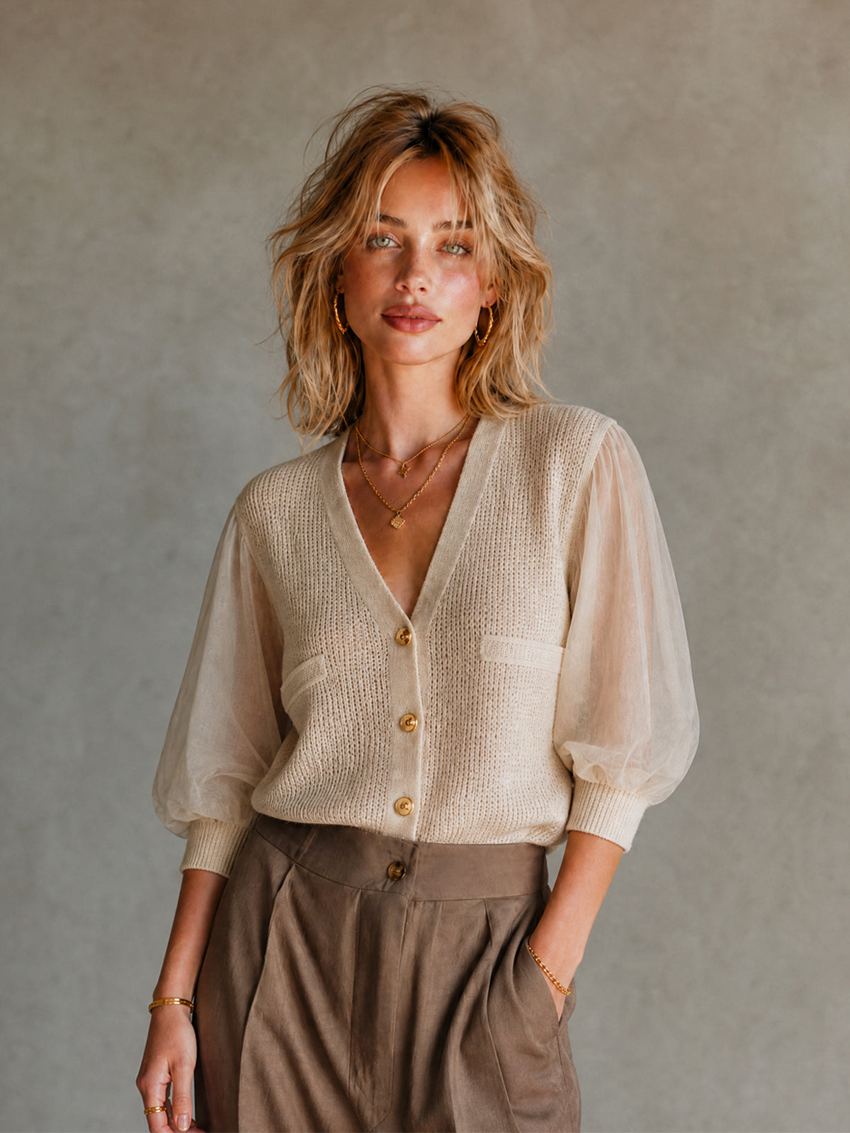 Elegant Beige Chiffon Patchwork V-Neck Knit Single-Breasted Half Puff Sleeve Mesh Regular-Fit Sweater Top