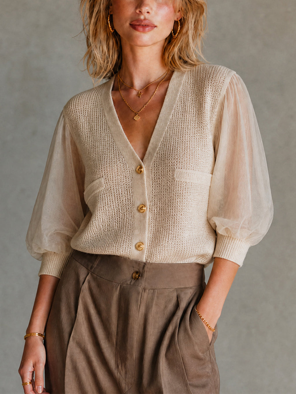 Elegant Beige Chiffon Patchwork V-Neck Knit Single-Breasted Half Puff Sleeve Mesh Regular-Fit Sweater Top