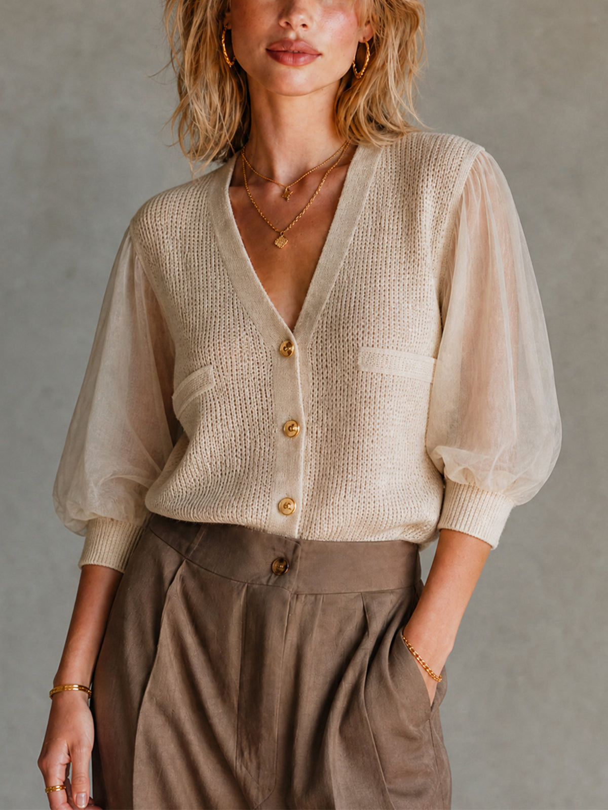 Elegant Beige Chiffon Patchwork V-Neck Knit Single-Breasted Half Puff Sleeve Mesh Regular-Fit Sweater Top