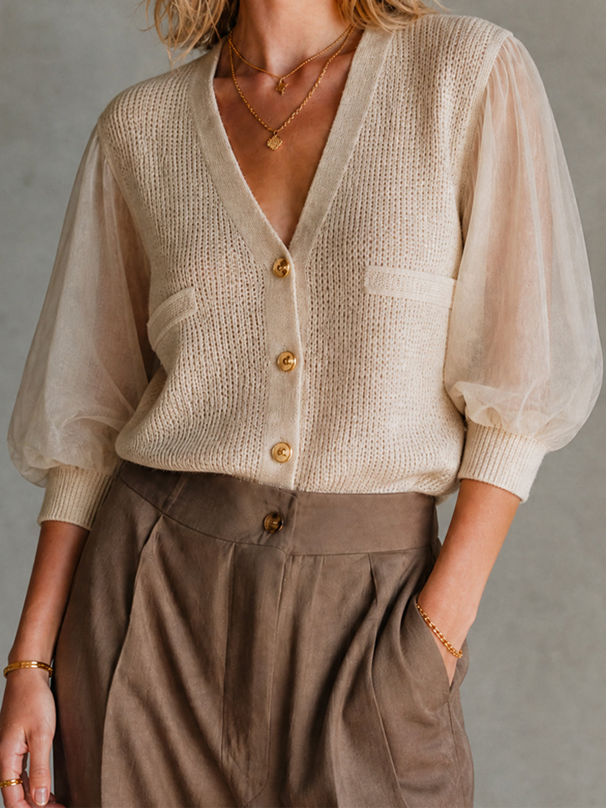 Elegant Beige Chiffon Patchwork V-Neck Knit Single-Breasted Half Puff Sleeve Mesh Regular-Fit Sweater Top