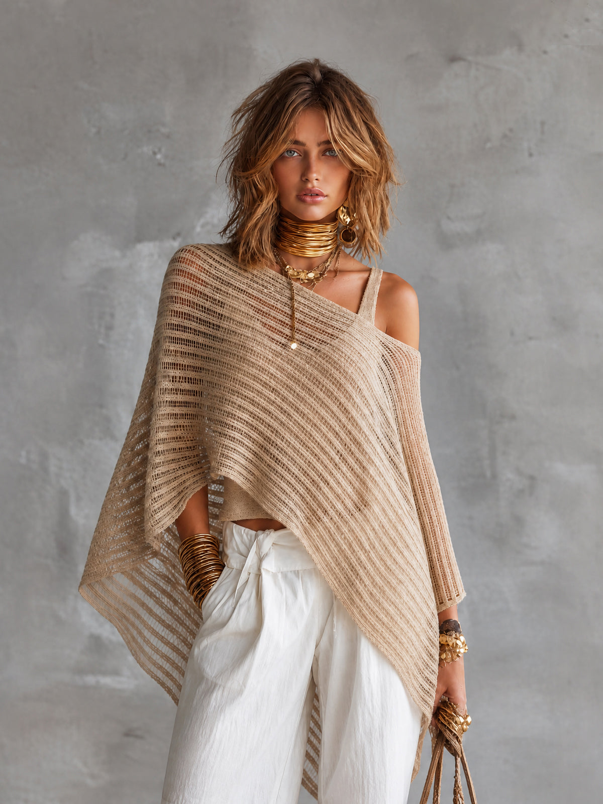 Chic Beige U-Neck Tank Top Off-Shoulder Poncho Asymmetrical Hem Loose-Fit Mesh Sweater Two Piece Set