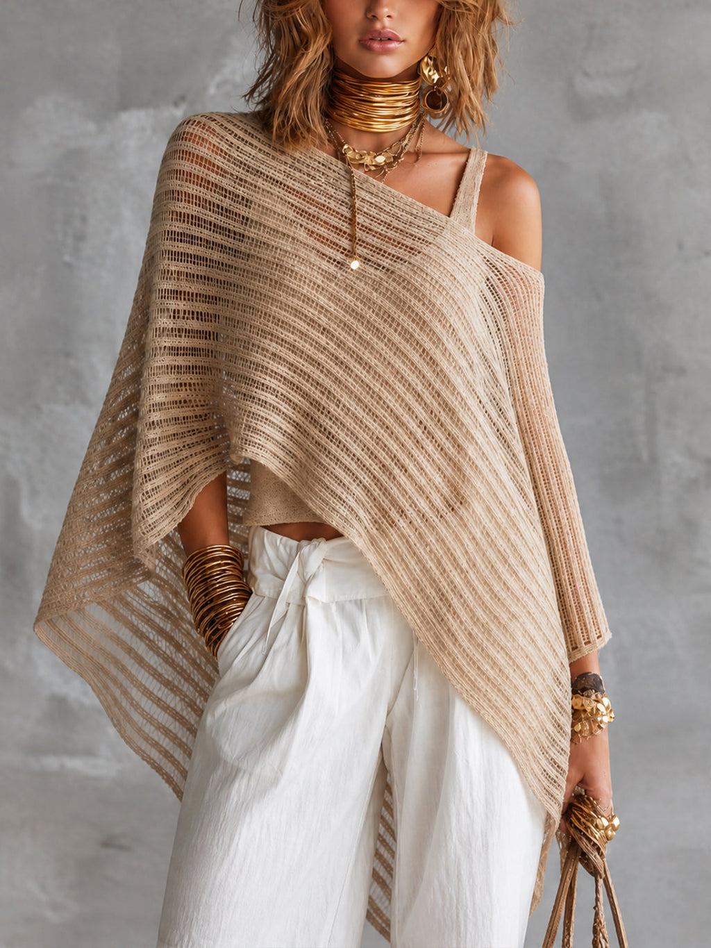 Chic Beige U-Neck Tank Top Off-Shoulder Poncho Asymmetrical Hem Loose-Fit Mesh Sweater Two Piece Set